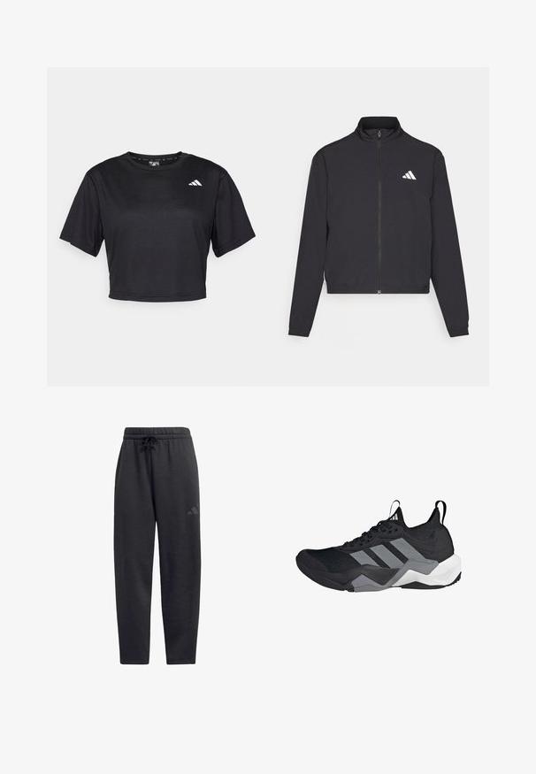 adidas Performance TRAIN ESSENTIALS 3 STRIPES WARM UP - Sportovní bunda - black/white; Černé zkrácené tričko vyrobené z hladkého materiálu. Obsahuje krátké rukávy, kulatý výstřih a malé bílé logo na levé přední straně.; Černé tepláky vyrobené z měkké látky, s elastickým pasem na šňůrku, rovnými nohavicemi a diskrétním logem na stehně.; Černá sportovní bota s prodyšným síťovaným svrškem, šedými akcenty, texturovanou podrážkou a třemi charakteristickými pruhy na boku.