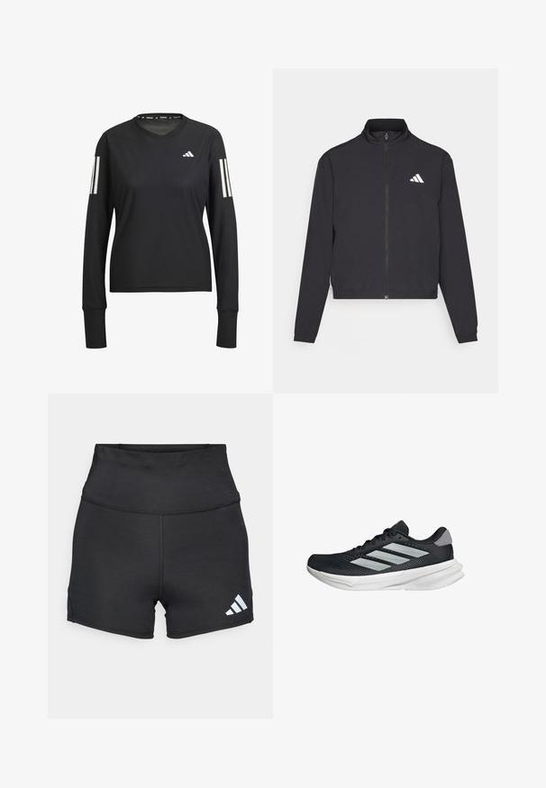 adidas Performance TRAIN ESSENTIALS 3 STRIPES WARM UP - Training jacket - black/white; Black long-sleeve athletic shirt with a round neckline, made of lightweight fabric. Features three white stripes on each sleeve and logo.; adidas Performance Leggings - black; Black running shoe with mesh upper, three silver stripes, white midsole, and textured outsole. Features padded collar and lace closure.