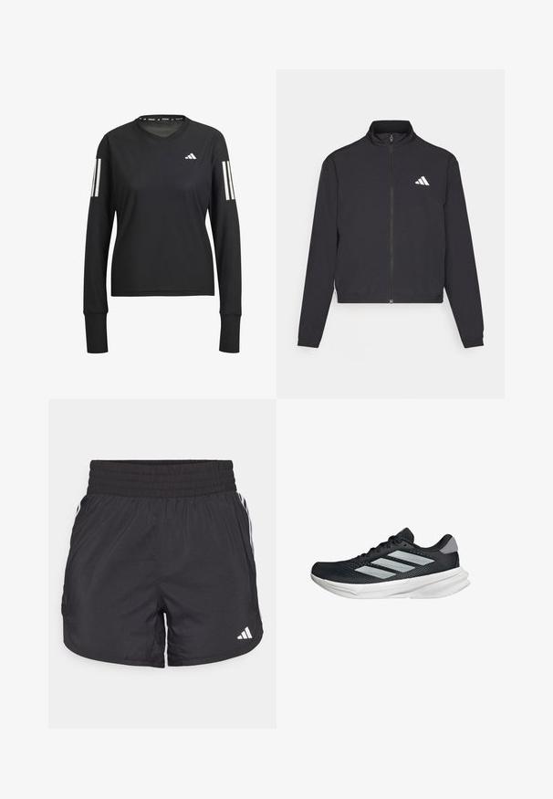 adidas Performance TRAIN ESSENTIALS 3 STRIPES WARM UP - Giacca sportiva - black/white; Maglietta sportiva nera a maniche lunghe con scollatura rotonda, realizzata in tessuto leggero. Presenta tre strisce bianche su ciascun manica e un logo.; Pantaloni sportivi neri con elastico in vita, tasche laterali e strisce bianche ai lati. Realizzati in materiale leggero.; Scarpa da corsa nera con tomaia in mesh, tre strisce argentate, intersuola bianca e suola testurizzata. Presenta un colletto imbottito e chiusura con lacci.