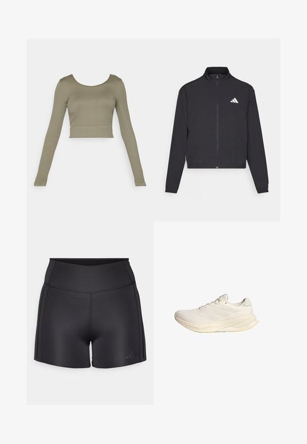 adidas Performance TRAIN ESSENTIALS 3 STRIPES WARM UP - Träningsjacka - black/white; Olivgrön långärmad crop-top med ribbad textur, rundad halsringning och åtsittande ärmar, lämplig för vardagsbruk.; Svarta atletiska shorts gjorda av elastiskt material, med hög midja, platta sömmar och en diskret Adidas-logotyp i nedre hörnet.; Ljust beige atletisk sko med övre del av mesh, platta snören och en dämpad sula. Har tre-stripes-design på den laterala sidan.