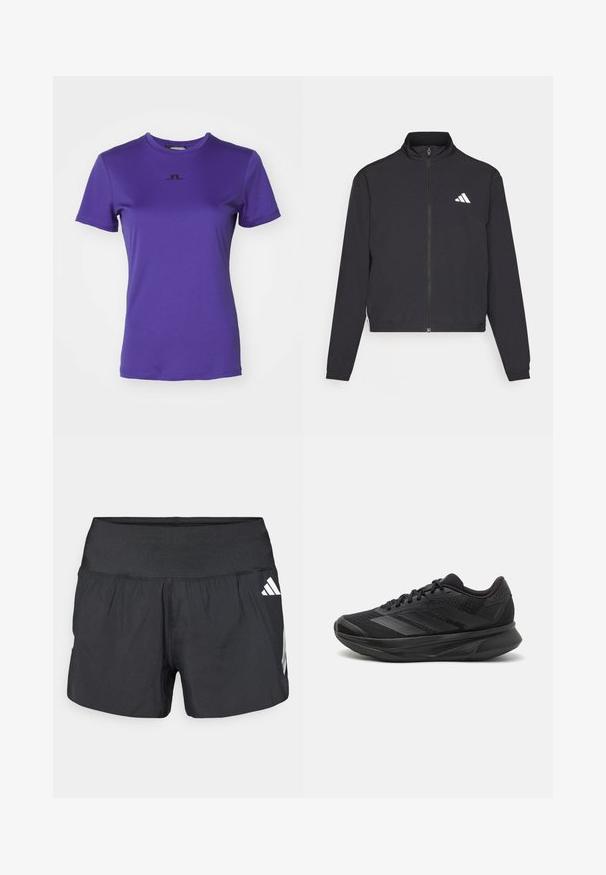 adidas Performance ESSENTIALS 3 STRIPES czarny; Fioletowa koszulka z krótkim rękawem, wykonana z gładkiego materiału. Posiada czarne logo umieszczone na środku klatki piersiowej. Okrągły dekolt i standardowy krój.; Czarne spodenki sportowe z szerokim elastycznym pasem, lekkim materiałem i białymi akcentami logo na dolnej stronie.; Czarna sportowa buty do biegania z oddychającą siateczką, zaokrąglonym noskiem, eleganckim designem, teksturowanymi akcentami oraz amortyzowaną podeszwą dla wygody.