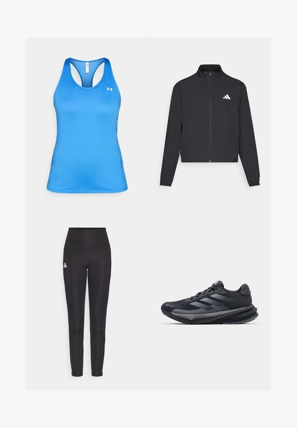 adidas Performance TRAIN ESSENTIALS 3 STRIPES WARM UP - Training jacket - black/white; Blue sleeveless athletic tank top with racerback design and small white Under Armour logo on left chest.; Black high-waisted leggings made of stretchy fabric. Features a white logo on the left side and sleek, seamless design. Smooth texture.; Black athletic shoe with a textured mesh upper, reflective accents, cushioned sole, and a streamlined design. Features three stripe logo.