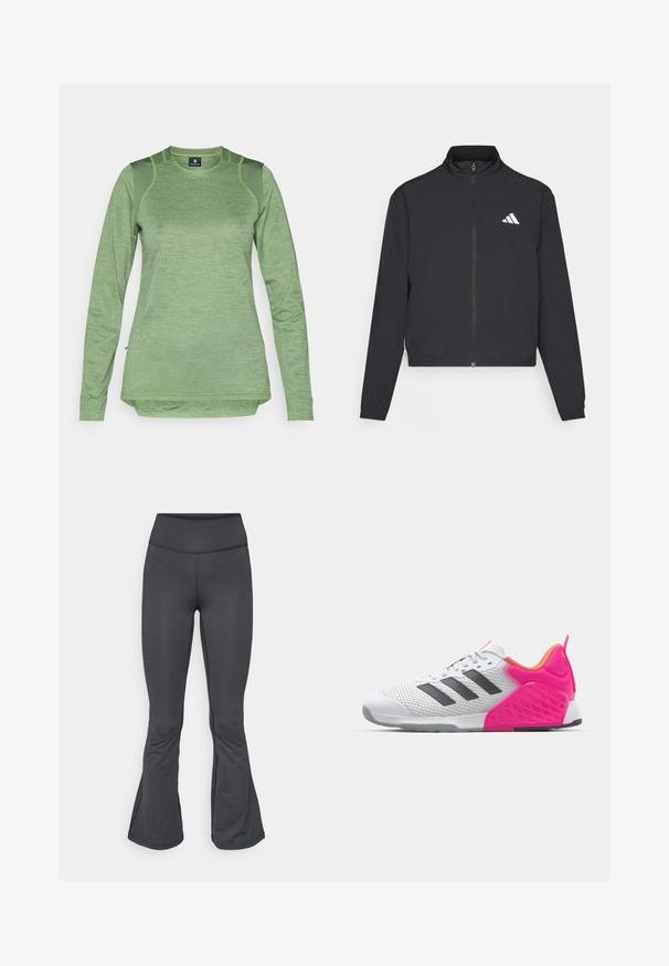 adidas Performance TRAIN ESSENTIALS 3 STRIPES WARM UP - Treniņjaka - black/white; Gara piedurkne sporta krekls gaiši zaļā krāsā, izgatavots no teksturēta auduma ar acs paneļiem uz pleciem, ar noapaļotu apakšmalu un apaļu dekoltē.; Pelēki legingi ar paplašinātu apakšpusi, izgatavoti no gluda, elastīga materiāla, ar augstu vidukli un bezšuvju konstrukciju.; Baltas sporta apavu modelis ar pelēkiem svītrām, sieta augšdaļa un rozā papēdis ar akcentiem. Iezīmējas ar teksturētu papēdi un gumijas zoli. Kordeles un mīkstināta apkakle.