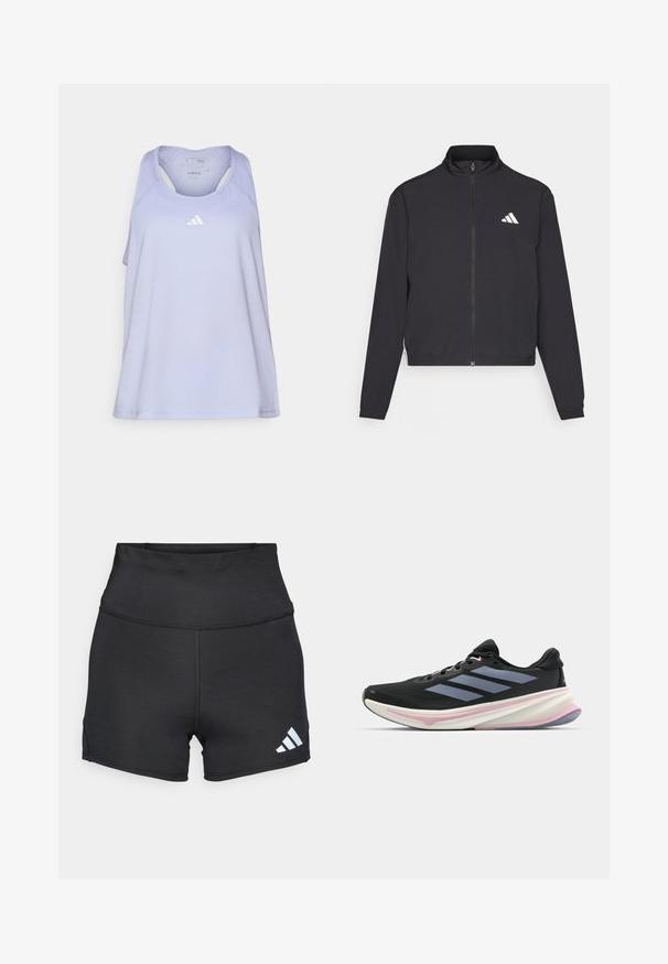 adidas Performance TRAIN ESSENTIALS 3 STRIPES WARM UP - Training jacket - black/white; Light purple athletic tank top with a racerback design. Features a small white Adidas logo on the chest. Made of smooth, breathable fabric.; adidas Performance Leggings - black; Black running shoe with mesh upper, light purple accents, and three horizontal gray stripes. Features a cushioned sole for comfort.