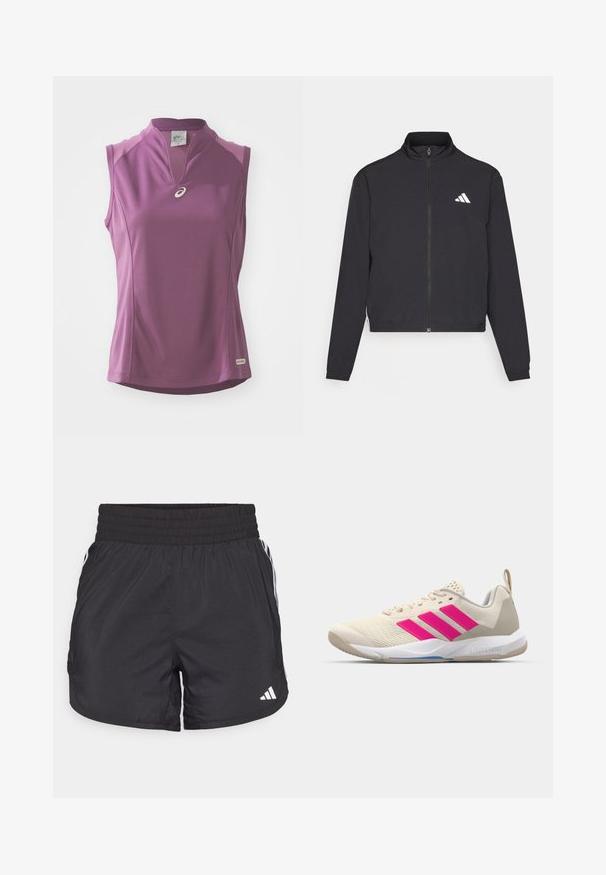 adidas Performance TRAIN ESSENTIALS 3 STRIPES WARM UP - Bluză de trening - black/white; Top fără mâneci de culoare purpurie, cu guler mandarin, realizat dintr-un material respirabil. Prezintă un logo reflectorizant și panouri texturate pe umeri.; Șorturi atletice negre, cu talie elastică, buzunare laterale și accente albe pe laterale. Fabricate dintr-un material ușor.; Pantof de sport bej cu logo în trei dungi roz, superior din plasă texturată, guler căptușit și talpă din cauciuc alb, având marca "LIGHTSTRIKE".