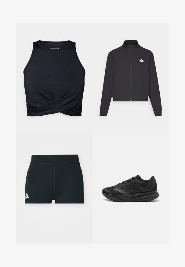 adidas Performance TRAIN ESSENTIALS 3 STRIPES WARM UP - Träningsjacka - black/white; Svart atletisk crop top i slätt tyg; har en vridningsdetalj framtill och BORG-logotypen på den övre vänstra sidan.; Svarta träningsshorts i stretchigt material, med hög midja, åtsittande passform och vitt Adidas-logga på vänster sida.; Svart löparskor med ett andningsbart mesh-övre, rund tå, elegant design, texturerade accenter och en dämpad sula för komfort.