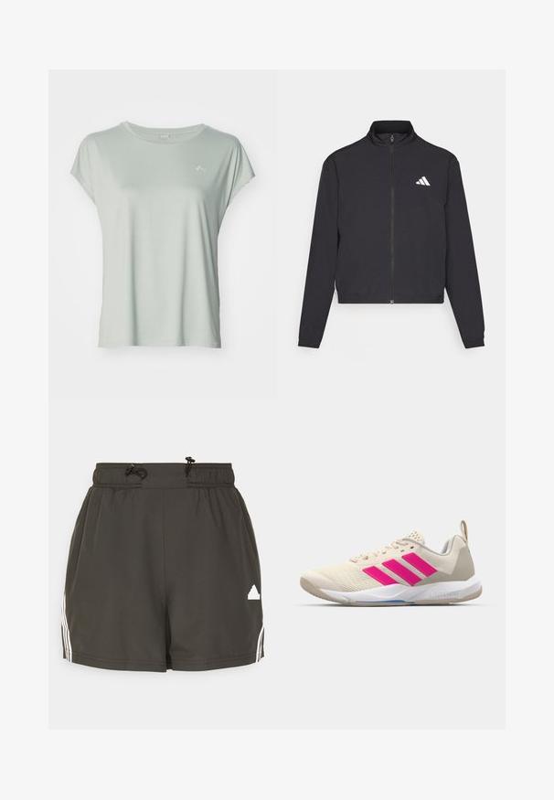 adidas Performance TRAIN ESSENTIALS 3 STRIPES WARM UP - Training jacket - black/white; ONLY Play ONPAUBREE LIFE ON BAT LOOSE TEE - Basic T-shirt - aqua gray; Black athletic shorts with elastic waistband, drawstring, side white stripes, and a small white logo on the lower hem. Smooth texture.; Beige athletic shoe with pink three-stripe logo, textured mesh upper, padded collar, and white rubber sole, featuring "LIGHTSTRIKE" branding.