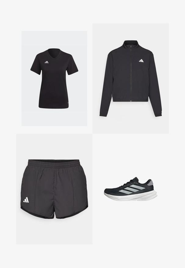adidas Performance TRAIN ESSENTIALS 3 STRIPES WARM UP - Training jacket - black/white; Black Adidas t-shirt featuring a V-neck design, short sleeves, and a white logo on the left chest area. Made from soft fabric.; Black athletic shorts made of lightweight fabric, featuring an elastic waistband and a white Adidas logo on the lower left side.; Black running shoe with mesh upper, three silver stripes, white midsole, and textured outsole. Features padded collar and lace closure.