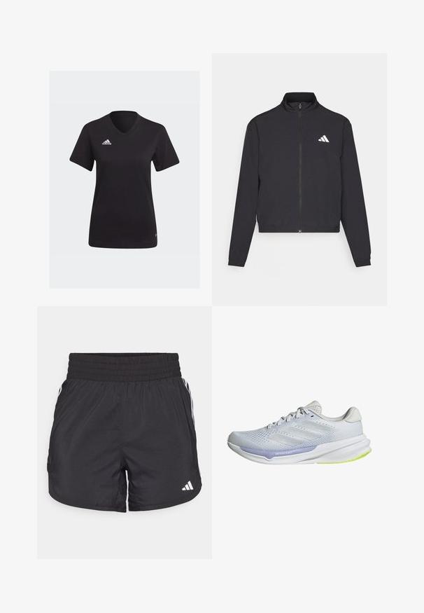 adidas Performance ESSENTIALS 3 STRIPES czarny; Czarna koszulka Adidas z dekoltem w serek, krótkimi rękawami i białym logo na lewej piersi. Wykonana z miękkiego materiału.; Czarne spodenki sportowe z elastycznym paskiem w talii, bocznymi kieszeniami oraz białymi akcentami wzdłuż boków. Wykonane z lekkiego materiału.; Białe buty sportowe z oddychającą siateczką, teksturowanym wzorem i lawendowym akcentem. Mają miękką podeszwę z zielonymi detalami na podeszwie.