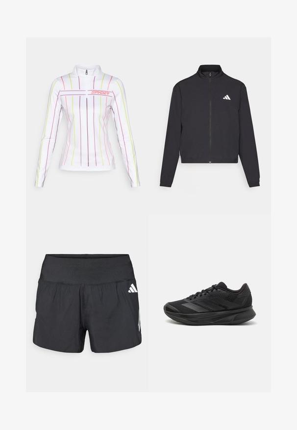 adidas Performance TRAIN ESSENTIALS 3 STRIPES WARM UP - Træningsjakke - black/white; Hvid langærmet atletisk top med halvlukning, med vertikale flerfarvede striber i pink, lilla og neongul.; Sorte atletikshorts med bred elastisk talje, letvægtsstof og hvide logoaccents på den nederste side.; Sort løbesko med en åndbar mesh-overdel, afrundet tå, strømlinet design, teksturerede detaljer og en polstret sål for komfort.