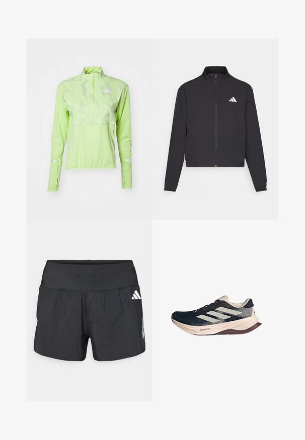 adidas Performance TRAIN ESSENTIALS 3 STRIPES WARM UP - Training jacket - black/white; adidas Performance ULTIMATE VIS REFLECTIVE 1/2-ZIP - Long sleeved top - pulse lime; Black athletic shorts featuring a wide elastic waistband, lightweight fabric, and white logo accents on the lower side.; Running shoe with a dark blue mesh upper, light beige sole, and white three-stripe design. Features a sleek, aerodynamic shape and textured accents.