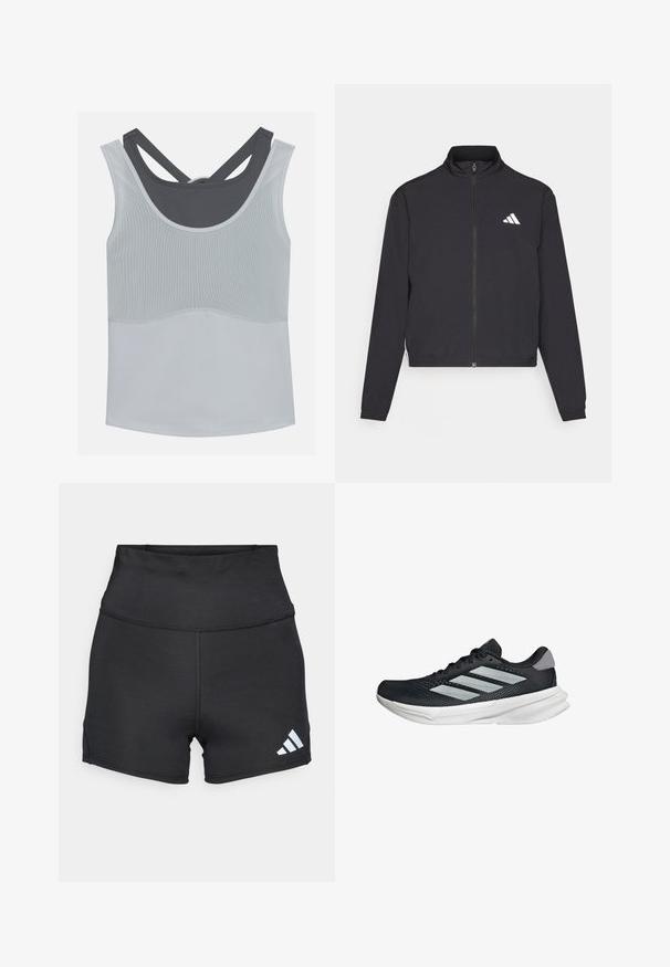 adidas Performance TRAIN ESSENTIALS 3 STRIPES WARM UP - Training jacket - black/white; Even&Odd active Top - light grey/dark grey; adidas Performance Leggings - black; Black running shoe with mesh upper, three silver stripes, white midsole, and textured outsole. Features padded collar and lace closure.