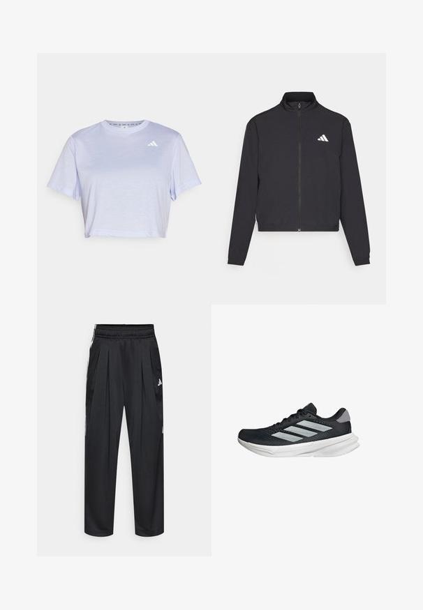 adidas Performance TRAIN ESSENTIALS 3 STRIPES WARM UP - Verryttelytakki - black/white; Lyhyt hihaisella cropattu T-paita vaaleanlaventelilla värillä, joka on valmistettu pehmeästä kankaasta. Esittelee pienen valkoisen logon vasemmassa ylärintataskussa.; Mustat urheiluhousut, joissa on laskokset, joustava vyötärönauha ja sivuraidat. Valmistettu sileästä kankaasta, jossa on valkoinen Adidas-logo.; Musta juoksukenkä, jossa on verkko-osa ylhäällä, kolme hopeista raitaa, valkoinen välipohja ja teksturoitu pohja. Varustettu pehmustetulla nilkkaremmeillä ja nauhakiinnityksellä.