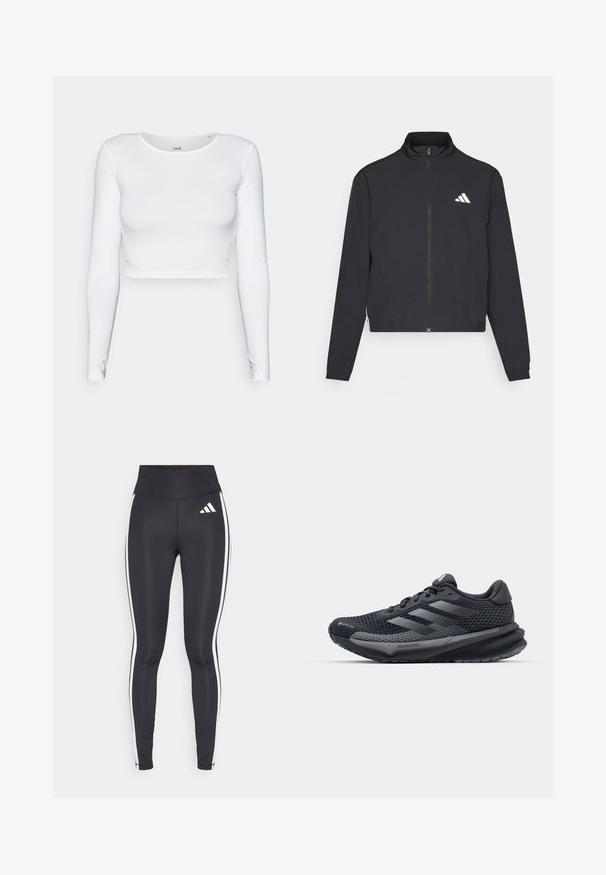adidas Performance TRAIN ESSENTIALS 3 STRIPES WARM UP - Training jacket - black/white; White long-sleeve crop top made from a smooth, stretchy material featuring a round neckline and fitted silhouette. Minimalist design.; Black leggings with high waist, featuring white side stripes and a small white logo on the upper left thigh. Made from smooth, stretchy material.; Black athletic shoe with a textured mesh upper, reflective accents, cushioned sole, and a streamlined design. Features three stripe logo.