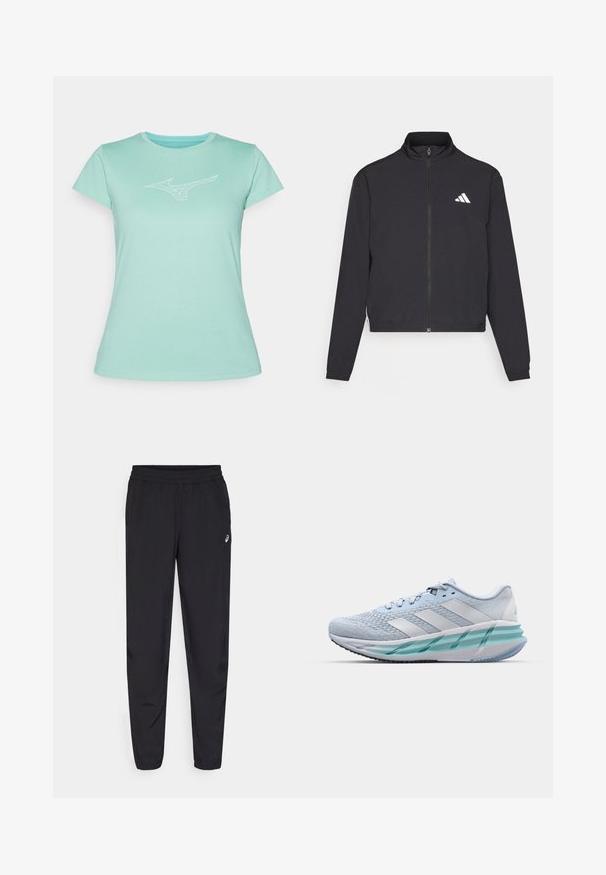 adidas Performance TRAIN ESSENTIALS 3 STRIPES WARM UP - Chaqueta de entrenamiento - black/white; Camiseta verde menta hecha de algodón suave. Presenta un escote redondo y mangas cortas, con un logotipo blanco impreso en el pecho.; Pantalones deportivos negros con cintura elástica, piernas ajustadas con puños, confeccionados en un material ligero y suave, y un pequeño logotipo en el muslo.; Zapatillas deportivas azul claro con un upper de punto texturizado, acentos blancos y una suela intermedia verde transparente. Punta redondeada y cuello acolchado.