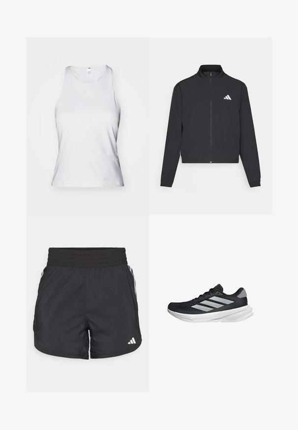 adidas Performance TRAIN ESSENTIALS 3 STRIPES WARM UP - Training jacket - black/white; White sleeveless athletic top with a round neck, smooth texture, and subtle tonal logo on the chest. Straight hemline at the waist.; Black athletic shorts with an elastic waistband, side pockets, and white stripe accents on the sides. Made of lightweight material.; Black running shoe with mesh upper, three silver stripes, white midsole, and textured outsole. Features padded collar and lace closure.