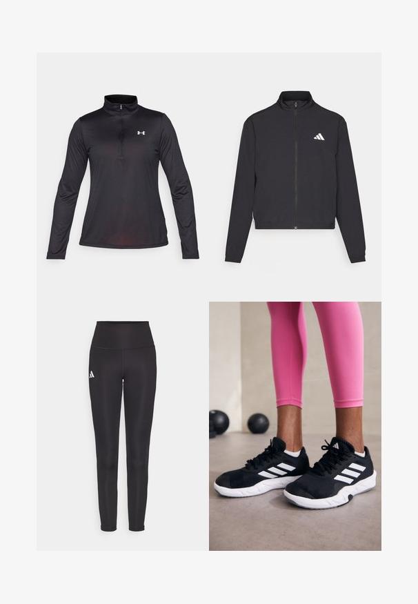 adidas Performance TRAIN ESSENTIALS 3 STRIPES WARM UP - Treniņjaka - black/white; Melns garo piedurkņu džemperis ar ceturtdaļas rāvējslēdzēju, izgatavots no gludas auduma, ar mazu baltu logotipu kreisajā krūtī.; Melna augstās jostasvietas legingi, izgatavoti no elastīga auduma. Ar baltu logotipu kreisajā pusē un elegantu, bezseamīgu dizainu. Gluda tekstūra.; Melnas sporta kurpes ar baltām svītrām, teksturēta sieta augšdaļa un balta zole. Nēsātas ar rozā legingiem, demonstrējot treniņu apģērbu.