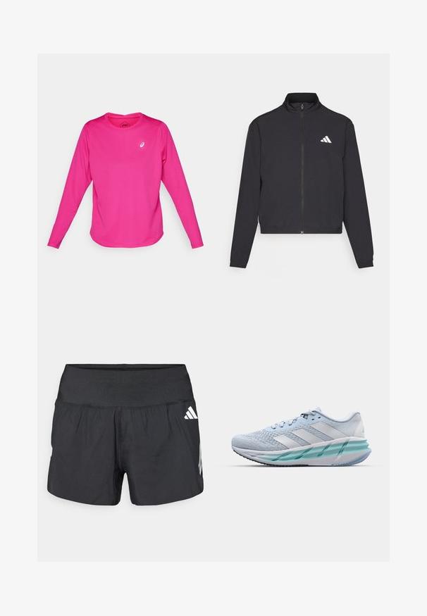 adidas Performance TRAIN ESSENTIALS 3 STRIPES WARM UP - Chaqueta de entrenamiento - black/white; Camisa deportiva de manga larga en rosa brillante, fabricada con una tela elástica. Presenta un cuello redondo y un pequeño logo blanco en el pecho.; Pantalones cortos deportivos negros con una amplia cintura elástica, tela ligera y detalles de logo blancos en el lateral inferior.; Zapatillas deportivas azul claro con un upper de punto texturizado, acentos blancos y una suela intermedia verde transparente. Punta redondeada y cuello acolchado.