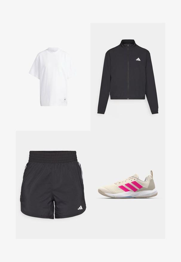 adidas Performance TRAIN ESSENTIALS 3 STRIPES WARM UP - Training jacket - black/white; White cotton t-shirt with short sleeves, round neck, and a relaxed fit. Notable detail: small black graphic logo on the hem.; Black athletic shorts with an elastic waistband, side pockets, and white stripe accents on the sides. Made of lightweight material.; Beige athletic shoe with pink three-stripe logo, textured mesh upper, padded collar, and white rubber sole, featuring "LIGHTSTRIKE" branding.