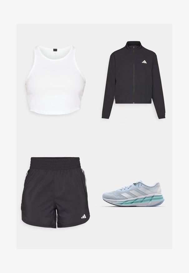 adidas Performance TRAIN ESSENTIALS 3 STRIPES WARM UP - Trainingsvest - black/white; Wit geribbeld crop top met een ronde halslijn en brede bandjes, met een subtiele textuur en een zwart label aan de achterkant van de hals.; Zwarte sportieve shorts met een elastische tailleband, zijzakken en witte streepaccenten aan de zijkanten. Gemaakt van lichtgewicht materiaal.; Lichtblauwe sportschoenen met een gestructureerde breitbovenkant, witte accenten en een doorzichtige groene tussenzool. Ronde neus en gevoerde kraag.
