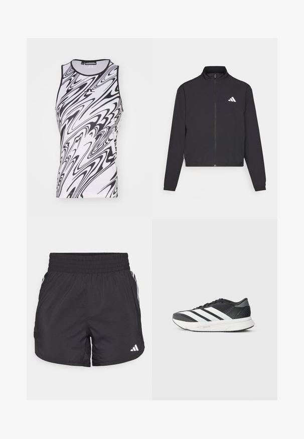 adidas Performance TRAIN ESSENTIALS 3 STRIPES WARM UP - Tréning dzseki - black/white; Ujjatlan felső fekete-fehér örvény mintával, könnyű anyagból készült, kerek nyakkivágással és lapos varrásokkal a kényelem érdekében.; Fekete sportnadrág elasztikus derékkal, oldalsó zsebekkel és fehér csíkkal az oldalán. Könnyű anyagból készült.; Fekete sportcipő fehér csíkokkal, hálós felsőrésszel, párnázott talppal és karcsú kialakítással. Szürke hangsúlyok a sarokrészen és a nyelvén.