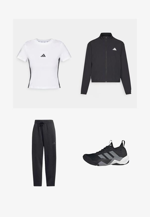 adidas Performance TRAIN ESSENTIALS 3 STRIPES WARM UP - Casaco de treino - black/white; T-shirt branca de manga curta feita em algodão, com um logótipo preto da Adidas em um retângulo e detalhes laterais pretos. Decote redondo clássico.; Calças de fato pretas feitas de tecido macio, com uma cintura elástica e um cordão, pernas retas e um logótipo discreto na coxa.; Shoe atlético preto com um cabedal de malha respirável, detalhes em cinza, sola texturizada e três riscas distintas de lado.