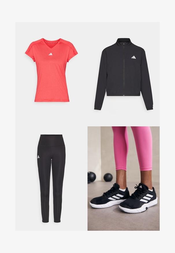 adidas Performance TRAIN ESSENTIALS 3 STRIPES WARM UP - Träningsjacka - black/white; Röd idrottströja med korta ärmar, V-halsdesign och en vit logotyp på bröstet. Tillverkad av ett mjukt och lätt tyg.; Svart höga leggings gjorda av elastisk tyg. Har en vit logotyp på vänster sida och en slank, sömlös design. Slät textur.; Svarta sportskor med vita ränder, texturerat meshupp, och en vit sula. Bärs med rosa leggings, vilket visar träningskläder.