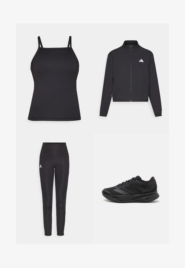 adidas Performance TRAIN ESSENTIALS 3 STRIPES WARM UP - Sportinė striukė - black/white; Juodas tankas su plonomis petnešomis, pagamintas iš lygios medžiagos. Turi prigludusį siluetą ir tiesų apatinį kraštą, be raštų ar papildomų detalių.; Juodos aukštu liemeniu tamprės, pagamintos iš elastingos medžiagos. Kairėje pusėje yra baltas logotipas, o dizainas yra sklandus ir be siūlių. Glotnus paviršius.; Juodas bėgimo batelis su kvėpuojančiu tinkliniu viršumi, suapvalintu kojų pirštu, stilingu dizainu, tekstūruotais akcentais ir paminkštintu padu komfortui.