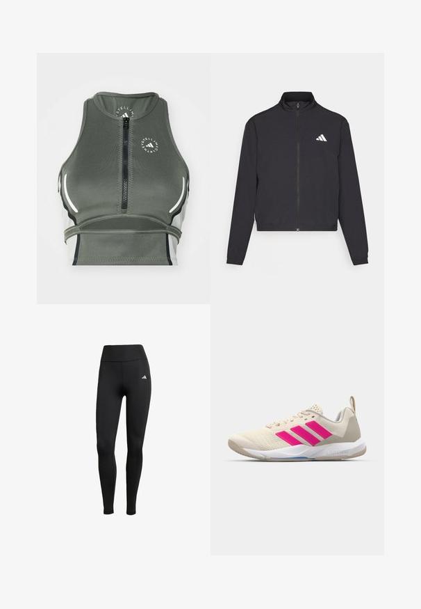 adidas Performance TRAIN ESSENTIALS 3 STRIPES WARM UP - Training jacket - black/white; Sporty green crop top made of stretchy fabric, featuring a front zip, lightweight design, white accents, and a round logo.; Black athletic leggings with a high waistband. Made of stretchable fabric featuring a white logo detail on the upper left side.; Beige athletic shoe with pink three-stripe logo, textured mesh upper, padded collar, and white rubber sole, featuring "LIGHTSTRIKE" branding.