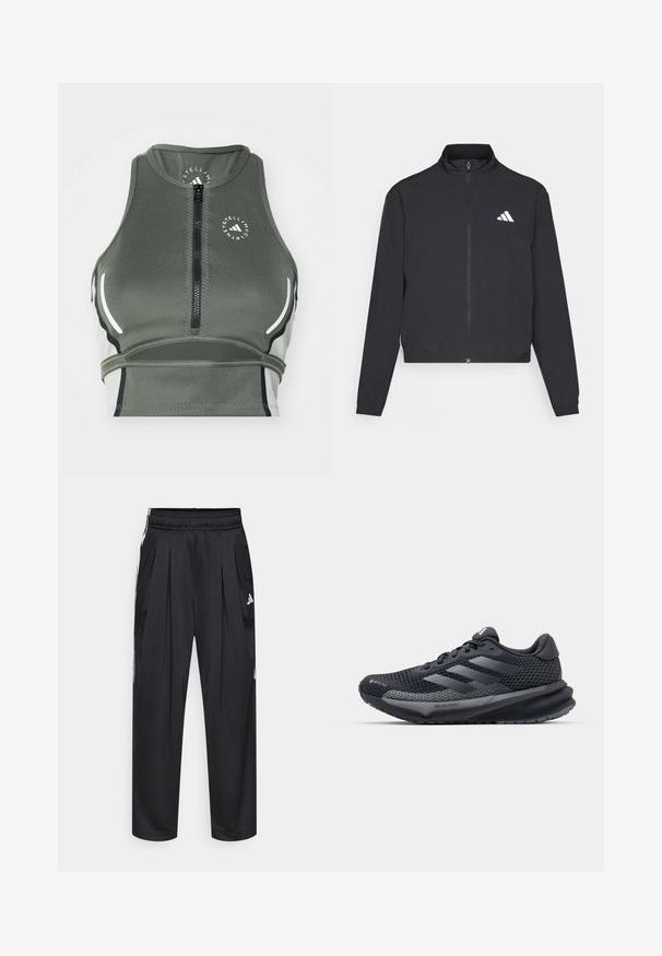 adidas Performance TRAIN ESSENTIALS 3 STRIPES WARM UP - Training jacket - black/white; Sporty green crop top made of stretchy fabric, featuring a front zip, lightweight design, white accents, and a round logo.; Black athletic pants with pleats, elastic waistband, and side stripes. Made from smooth fabric, featuring the Adidas logo in white.; Black athletic shoe with a textured mesh upper, reflective accents, cushioned sole, and a streamlined design. Features three stripe logo.