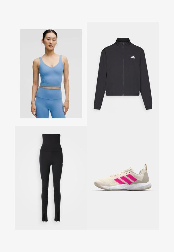 adidas Performance TRAIN ESSENTIALS 3 STRIPES WARM UP - Giacca sportiva - black/white; Bralette sportivo blu chiaro con scollatura a V, spalline spesse e design aderente, realizzato in un tessuto morbido e elasticizzato.; adidas by Stella McCartney Leggings - black; Scarpa sportiva beige con logo a tre strisce rosa, tomaia in rete testurizzata, collo imbottito e suola in gomma bianca, con il marchio "LIGHTSTRIKE".