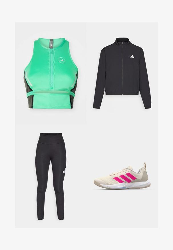 adidas Performance TRAIN ESSENTIALS 3 STRIPES WARM UP - Trainingsvest - black/white; Groene sportieve crop top met een ritssluiting aan de voorkant, voorzien van zwarte accenten, reflecterende details en een logo. Gemaakt van gladde, rekbare stof.; Zwarte high-waisted leggings van glad, elastisch materiaal, met een wit logo aan de linkerkant. Strakke pasvorm zonder patronen.; Beige sportshoe met een roze drie-strepen logo, een textuur-mesh bovenkant, een gevoerde kraag en een witte rubberen zool, met "LIGHTSTRIKE" branding.