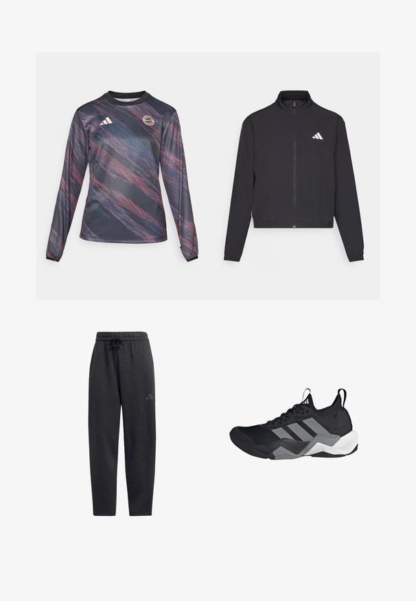 adidas Performance TRAIN ESSENTIALS 3 STRIPES WARM UP - Trainingsvest - black/white; Langarm sporttrui gemaakt van gestructureerde zwarte stof met abstracte rode en blauwe patronen; bevat het adidas-logo en het teamembleem op de borst.; Zwarte sweatpants van zacht materiaal, met een elastische tailleband en een trekkoord, rechte pijpen en een subtiel logo op de bovenbeen.; Zwarte sportieve schoen met een ademend mesh-bovenwerk, grijze accenten, gestructureerde zool en drie kenmerkende strepen aan de zijkant.