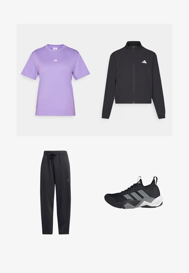 adidas Performance TRAIN ESSENTIALS 3 STRIPES WARM UP - Sportinė striukė - black/white; Violet medvilnės marškinėliai su trumpomis rankovėmis, apvaliu iškirpimu ir maža balta logotipo ženklu ant krūtinės, pasižymintys lygiu paviršiumi ir laisvu siluetu.; Juodos sportinės kelnės, pagamintos iš minkštos medžiagos, su elastingu juosmeniu ir raišteliu, tiesiomis kojomis ir diskretišku logotipu ant šlaunies.; Juodų sportinių batų dizainas su kvėpuojančiu tinkliniu viršumi, pilkais akcentais, tekstūruotu padu ir trimis išskirtinėmis juostelėmis šone.