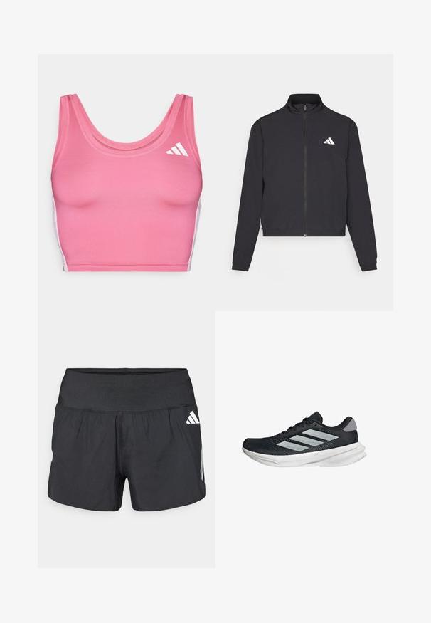 adidas Performance TRAIN ESSENTIALS 3 STRIPES WARM UP - Trainingsvest - black/white; Roze sportieve crop top van rekbaar materiaal, met een ronde halslijn en witte logo-accenten aan de linkerkant.; Zwarte sportshorts met een brede elastische tailleband, lichtgewicht stof en witte logo-accenten aan de onderkant zijkant.; Zwarte hardloopschoen met een mesh bovenzijde, drie zilveren strepen, witte middenzool en een gestructureerde loopzool. Heeft een gevoerde kraag en een vetersluiting.