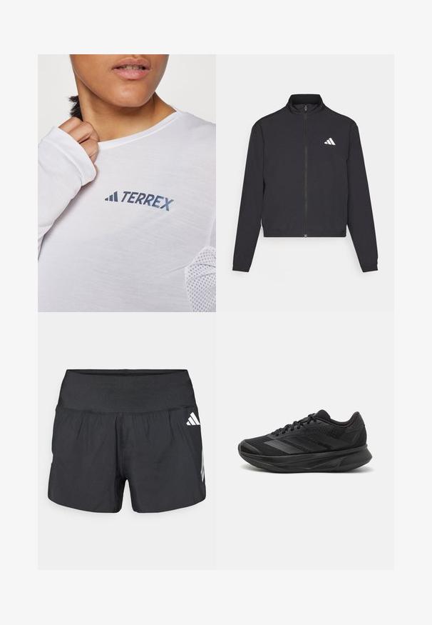 adidas Performance TRAIN ESSENTIALS 3 STRIPES WARM UP - Träningsjacka - black/white; Vit långärmad skjorta med en blå "TERREX"-logotyp. Tyget är lätt och har strukturerade mesh-accenter på axlarna.; Svarta sportshorts med bred resår i midjan, lättviktstyg och vita logodetaljer på nedre sidan.; Svart löparskor med ett andningsbart mesh-övre, rund tå, elegant design, texturerade accenter och en dämpad sula för komfort.
