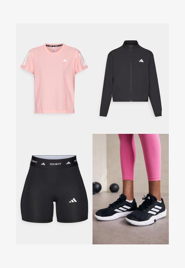 adidas Performance TRAIN ESSENTIALS 3 STRIPES WARM UP - Casaco de treino - black/white; adidas Performance TEE - T-shirt desportiva - semi pink spark; Calções pretos feitos de um tecido elástico com um design ajustado. Apresentam uma ampla faixa na cintura preta rotulada como "TECHFIT" e um logótipo branco na perna.; Sapatos de treino pretos com riscas brancas, parte superior em malha texturizada e sola branca. Usados com leggings cor-de-rosa, destacando roupa de treino.