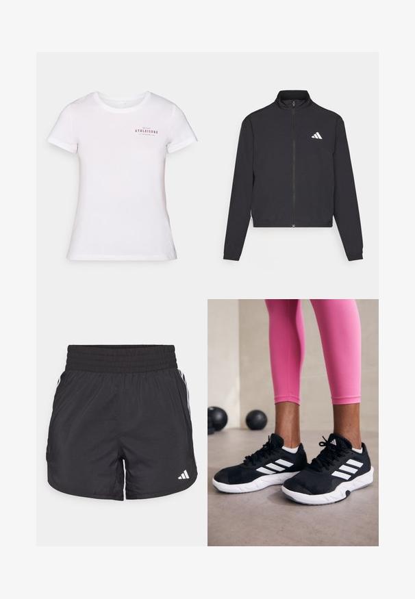 adidas Performance TRAIN ESSENTIALS 3 STRIPES WARM UP - Training jacket - black/white; White cotton t-shirt featuring short sleeves and a crew neck. Front has red text: "ONLY PLAY ATHLEISURE EST. ACTIVE LIFE 2006."; Black athletic shorts with an elastic waistband, side pockets, and white stripe accents on the sides. Made of lightweight material.; Black athletic shoes with white stripes, textured mesh upper, and a white sole. Worn with pink leggings, showcasing training apparel.