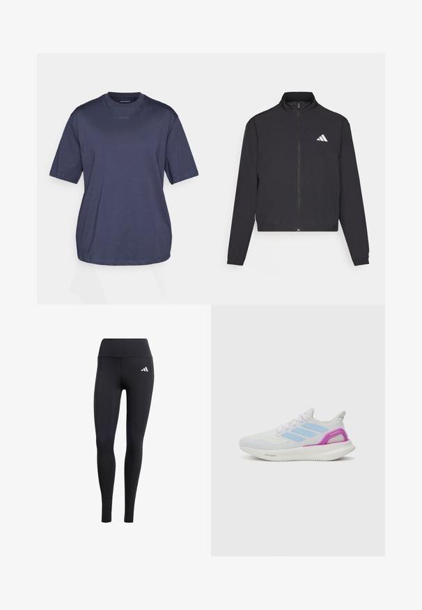 adidas Performance TRAIN ESSENTIALS 3 STRIPES WARM UP - Tréningová bunda - black/white; Námornícky modré bavlnené tričko s okrúhlym výstrihom a krátkymi rukávmi. Obsahuje minimálne branding na prednej strane a má voľný strih.; Čierne legíny vyrobené z elastického materiálu, s vysokým pásom a malým bielym logom, so hladkým, matným povrchom.; adidas Performance PUREBOOST 5 - Cestná bežecká obuv - white/glow blue/purple burst