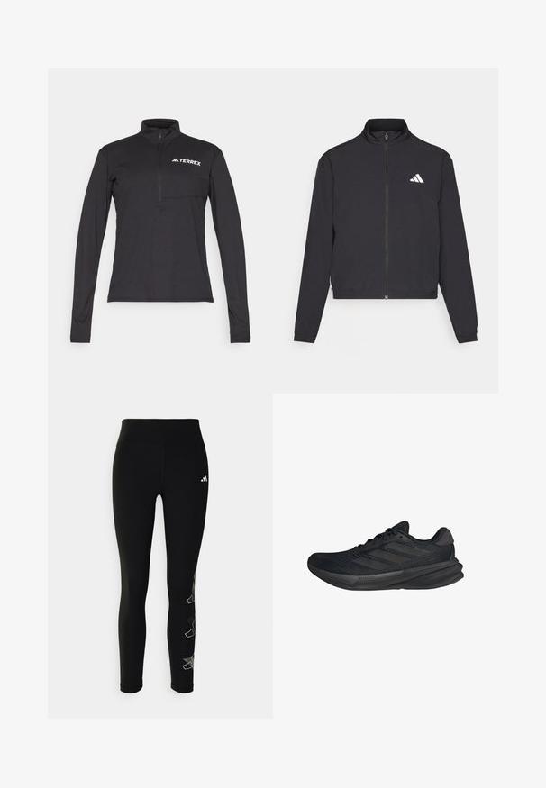 adidas Performance TRAIN ESSENTIALS 3 STRIPES WARM UP - Training jacket - black/white; Black long-sleeve pullover with a quarter zip, features a front pocket and white "TERREX" logo on the chest. Smooth, lightweight fabric.; Black leggings made from stretchy material, featuring a high waistband and a reflective logo on the hip, with a geometric accent design on the leg.; Black athletic shoes with a mesh upper, streamlined shape, flat sole, and three diagonal stripes on the side. Lightweight design for comfort.