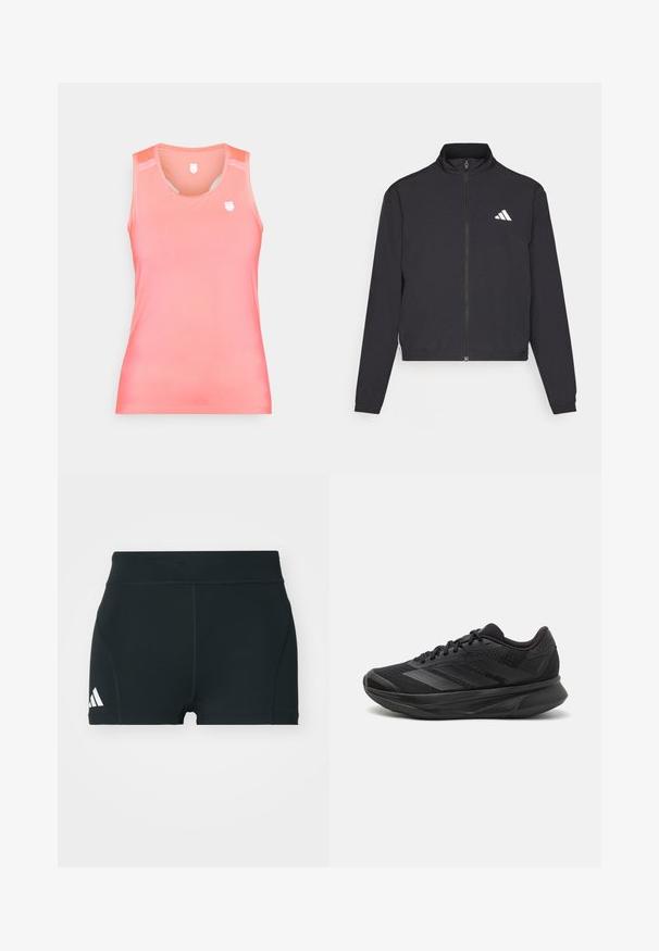 adidas Performance TRAIN ESSENTIALS 3 STRIPES WARM UP - Training jacket - black/white; Sleeveless tank top in gradient coral color, made from smooth, stretchy fabric. Features a small logo on the chest and mesh detailing at shoulders.; Black athletic shorts made of stretchy fabric, featuring a high waistband, fitted shape, and white Adidas logo on the left side.; Black running shoe with a breathable mesh upper, rounded toe, sleek design, textured accents, and a cushioned sole for comfort.