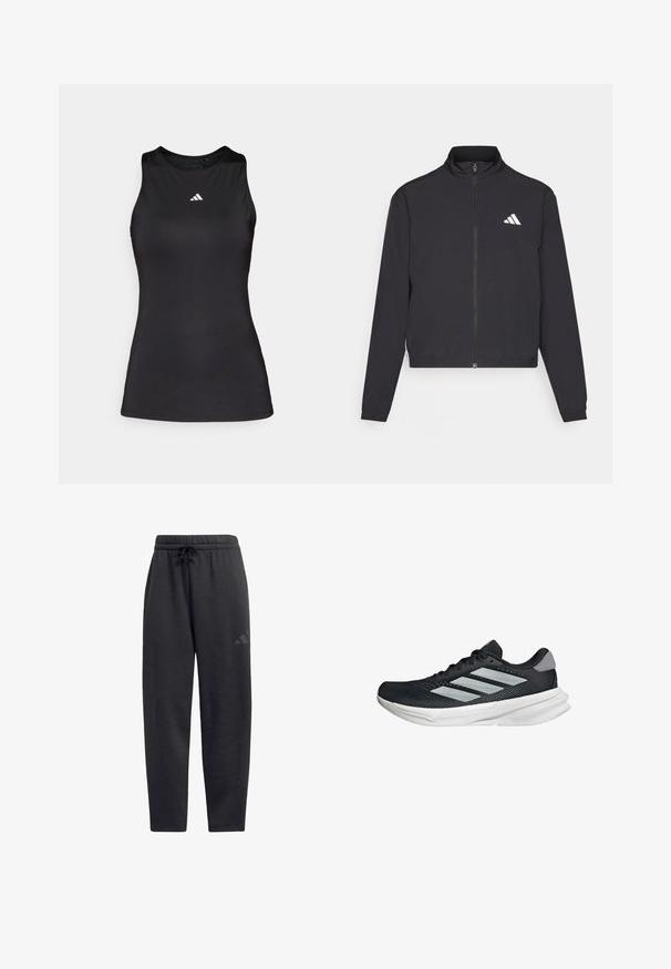 adidas Performance TRAIN ESSENTIALS 3 STRIPES WARM UP - Chaqueta de entrenamiento - black/white; Top deportivo negro sin mangas hecho de una tela suave. Presenta un escote redondo y un pequeño logo blanco de Adidas en el pecho.; Pantalones de chándal negros hechos de una tela suave, con una cintura elástica y cordón, piernas rectas y un logo discreto en el muslo.; Zapatilla de correr negra con parte superior de malla, tres franjas plateadas, media suela blanca y suela texturizada. Incluye un cuello acolchado y cierre de cordones.