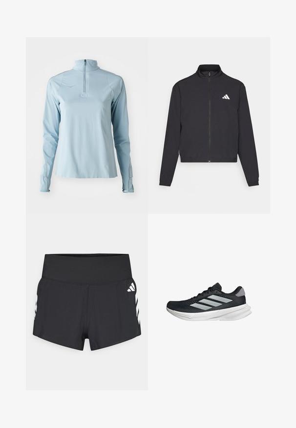 adidas Performance TRAIN ESSENTIALS 3 STRIPES WARM UP - Training jacket - black/white; Light blue long-sleeve athletic top with a half-zip collar, smooth texture, and contrasting gray stitching along the seams.; Black athletic shorts with a fitted waist and a smooth texture. Features white accent stripes on the sides. Lightweight and breathable material.; Black running shoe with mesh upper, three silver stripes, white midsole, and textured outsole. Features padded collar and lace closure.