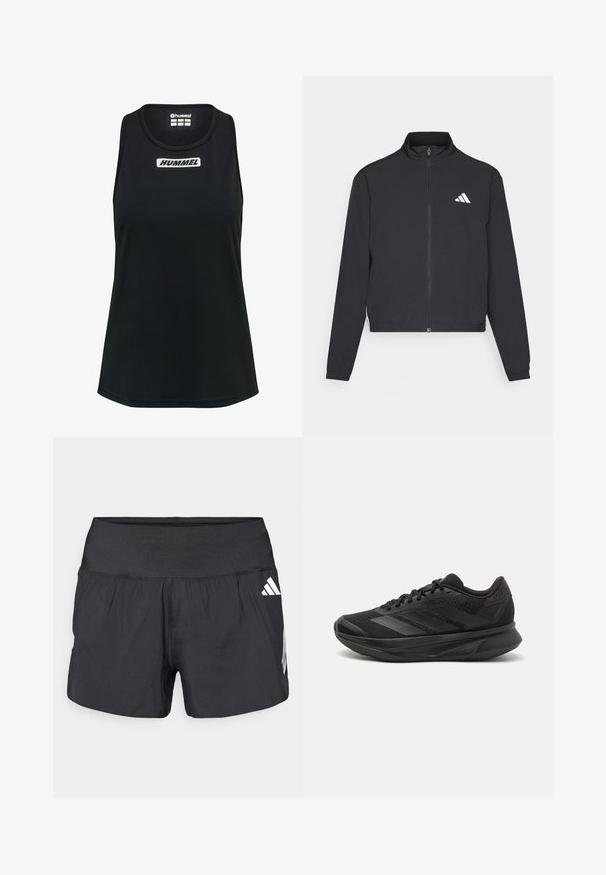 adidas Performance TRAIN ESSENTIALS 3 STRIPES WARM UP - Trainingsvest - black/white; Zwarte tanktop gemaakt van gladde, lichte stof. Kenmerkt zich door een ronde halslijn en een wit "HUMMEL" logo op de voorkant. Geen extra patronen.; Zwarte sportshorts met een brede elastische tailleband, lichtgewicht stof en witte logo-accenten aan de onderkant zijkant.; Zwarte hardloopschoen met een ademende mesh bovenkant, ronde neus, slank ontwerp, textuuraccenten en een gevoerde zool voor comfort.