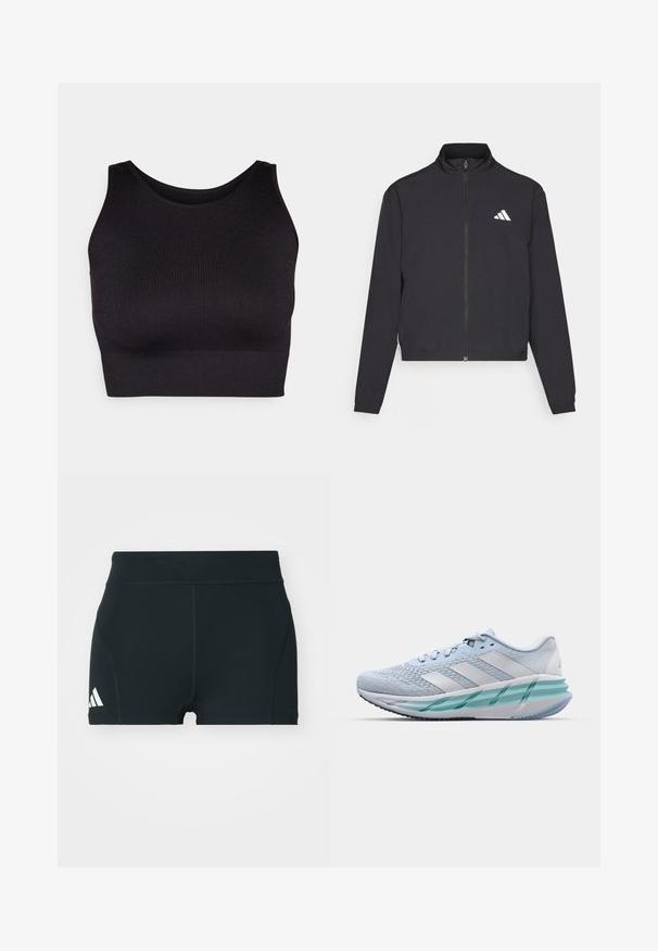 adidas Performance TRAIN ESSENTIALS 3 STRIPES WARM UP - Bluză de trening - black/white; Top crop negru cu nervuri, cu gât înalt și orificii largi pentru brațe, realizat dintr-un material moale și elastic pentru confort și cu un design fără cusături.; Pantaloni scurți atletici negri, dintr-un material elastic, cu un talie înaltă, formă ajustată și logo-ul alb Adidas pe partea stângă.; Încălțăminte sport de culoare albastră deschisă, cu un material superior texturat din tricot, accente albe și o talpă intermediară verde transparentă. Vârf rotunjit și guler căptușit.