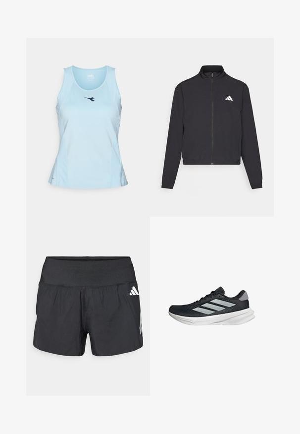 adidas Performance TRAIN ESSENTIALS 3 STRIPES WARM UP - Training jacket - black/white; Light blue athletic tank top made of smooth fabric, featuring a rounded neckline and a dark blue logo on the chest.; Black athletic shorts featuring a wide elastic waistband, lightweight fabric, and white logo accents on the lower side.; Black running shoe with mesh upper, three silver stripes, white midsole, and textured outsole. Features padded collar and lace closure.