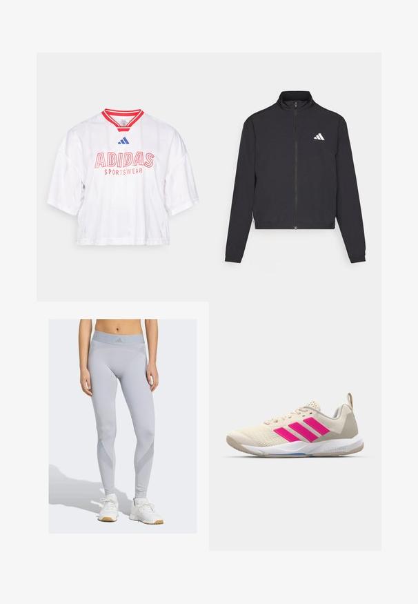 adidas Performance TRAIN ESSENTIALS 3 STRIPES WARM UP - Training jacket - black/white; White cropped jersey with red accents and stripes, featuring "ADIDAS SPORTSWEAR" in bold red lettering and blue logo detail on the collar.; Light grey leggings with a high waist and sleek design. Features contrasting mesh panels and subtle branding on the waistband.; Beige athletic shoe with pink three-stripe logo, textured mesh upper, padded collar, and white rubber sole, featuring "LIGHTSTRIKE" branding.