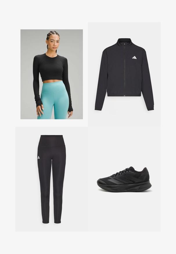 adidas Performance TRAIN ESSENTIALS 3 STRIPES WARM UP - Verryttelytakki - black/white; Mustahi paita mustilla pitkillä hihoilla, jossa on sileä pinta, yhdistettynä korkeavyötäröisiin vaaleansinisiin legginseihin joustavasta kankaasta.; Musta korkeavyötäröinen legginssit joustavasta kankaasta. Vasemmalla puolella valkoinen logo ja tyylikäs, saumaton muotoilu. Silkkinen pinta.; Mustat juoksukengät, joissa on hengittävä verkkoyläosa, pyöreä varvas, sulavalinjainen muotoilu, teksturoidut yksityiskohdat ja pehmustettu pohja mukavuutta varten.