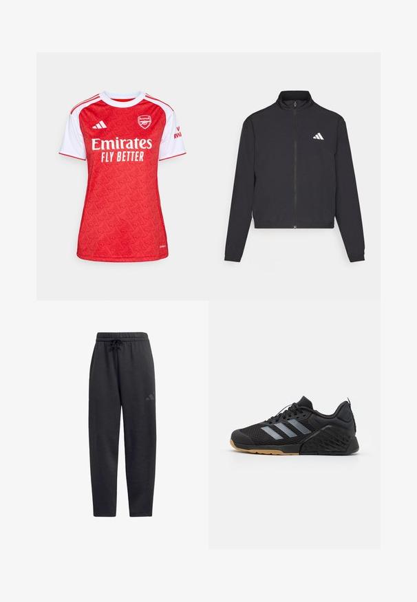 adidas Performance TRAIN ESSENTIALS 3 STRIPES WARM UP - Training jacket - black/white; Red and white football jersey featuring a patterned design, crew neck, short sleeves, and "Emirates Fly Better" logo on the front.; Black sweatpants made of soft fabric, featuring an elastic waistband with a drawstring, straight legs, and a discreet logo on the thigh.; Black athletic shoe with mesh upper, grey three-stripe design, rubber sole, and textured accents on the heel and side.