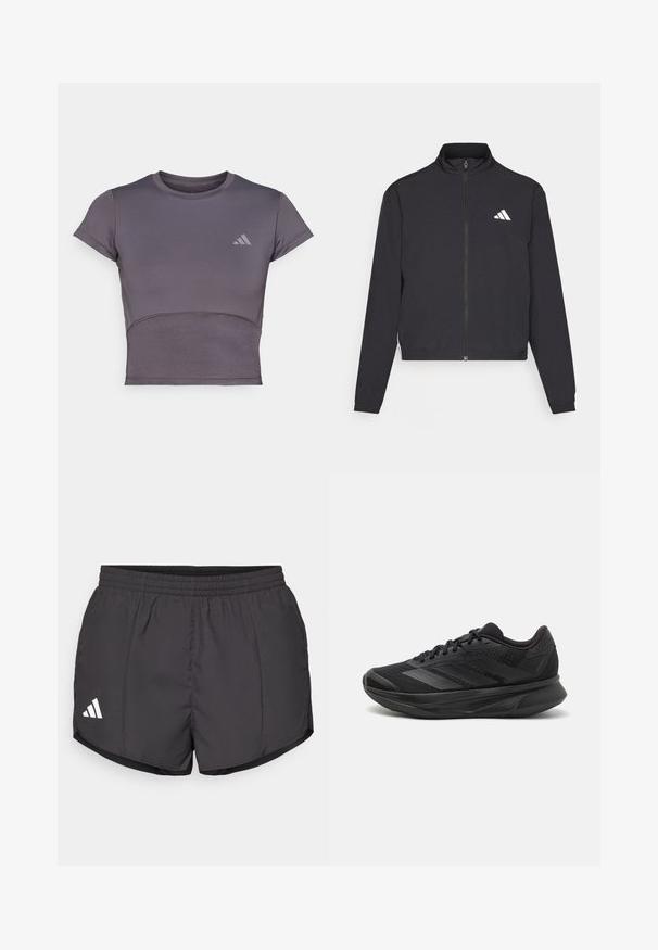 adidas Performance TRAIN ESSENTIALS 3 STRIPES WARM UP - Treningsjakke - black/white; Kortermet, grå trenings crop top med en tettsittende design. Har en teksturert kropp og subtil logo på brystet. Glatt stofffinish.; Svart treningsshorts laget av lett materiale, med elastisk midje og en hvit Adidas-logo nederst til venstre.; Svarte joggesko med pustende mesh-overdel, avrundet tå, slankt design, teksturerte detaljer og en polstret såle for komfort.